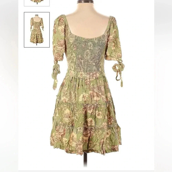 NWOT Aguabendita Floral Dress Women’s Sz MED 100% Rayon Green/Beige Tie Sleeves - Picture 3 of 9